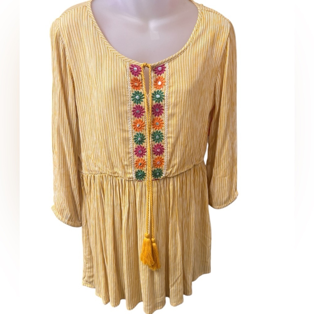 Studio West Embroidered Split Neck Stripe Tunic Blouse Yellow Small